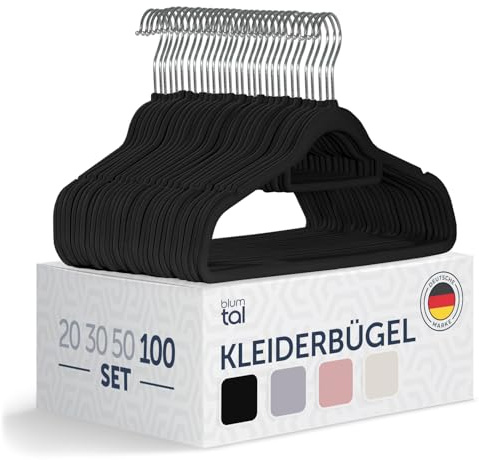 Blumtal Kleiderbügel 100 Stück ohne Clips - Kleiderbügel Samt 360° drehbar und belastbar - Ultra platzsparend und rutschfest - Hangers - Samtbügel Schwarz