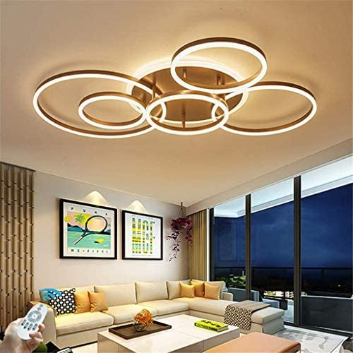 HYKISS LED-Deckenleuchte 86W Modern Dimmbar 6 Ringe Deckenlampe Metall-Acryl Runde Kronleuchter Wohnzimmer Küche Schlafzimmer Büro Kinderzimmer Lampe Beleuchtung,Mit Fernbedienung,Ø115CM,Braun