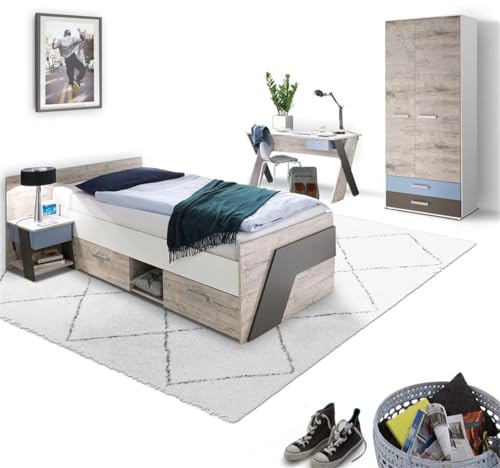 Lomadox Jugendzimmer Kinderzimmer Set, Sandeiche weiß Lava blau, 90 x 200 cm Jugendbett, 60 cm Kleiderschrank, Nachttisch, 135 cm Schreibtisch