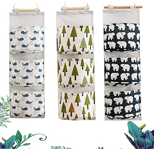 Norhogo 3 Stücke Wand hängender Aufbewahrungstasche, Faltbares Leinen Stoff Wand Hängender Körbe Organizer mit 3 Taschen, für Kleine Gegenstände Kleidung Unterwäsche Schmuck Bär/Baum/Wal