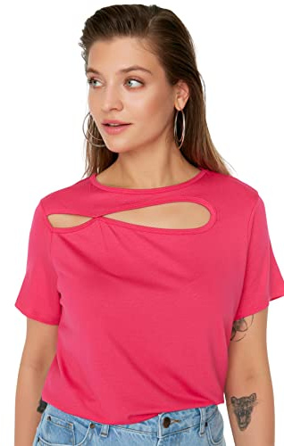 Trendyol Camicetta da Donna Plus Size Aderente Basic Girocollo in Maglia Taglie Forti, Fucsia, 3XL/Meer
