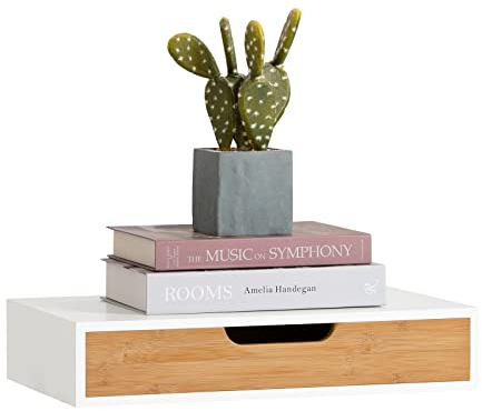 SoBuy Wandregal mit Schublade - Modernes Regal Wand für Flur, Wohnzimmer & Schlafzimmer - Weiß & Natur 40x24x8cm FRG92-WN