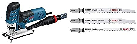 Bosch Professional Stichsäge GST 150 CE (ohnne Schlauch, im Koffer) + 3x Stichsägeblatt Set Expert ‘Wood 2-Side Clean‘ (für Sperrholz, Massivholz-Möbelplatte, Länge 117 mm, Zubehör)