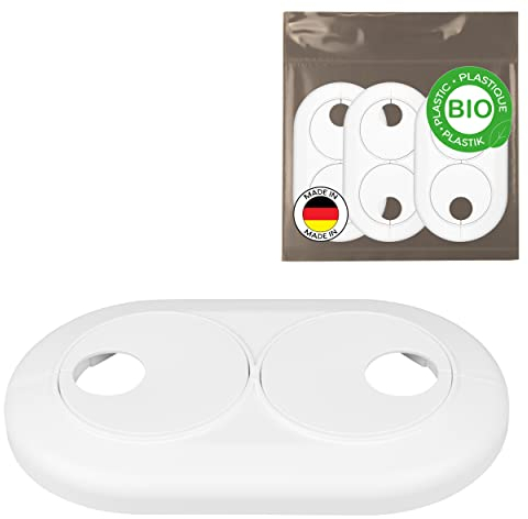 FUX Bio Doppelrosette 16mm - 22mm, Heizungsrohr Rosette für variable Rohrabstände, Abdeckung, Verkleidung, weißes biobasiertes Polyethylen (22mm)