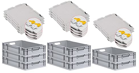 PROREGAL SuperSparSet 8x Eurobox NextGen Grip mit Scharnierdeckel und gelben Schiebeschnappverschlüssen, HxBxT 12x40x60cm, 23 L, Grau, Griffe offen, Eurobehälter, Transportbox