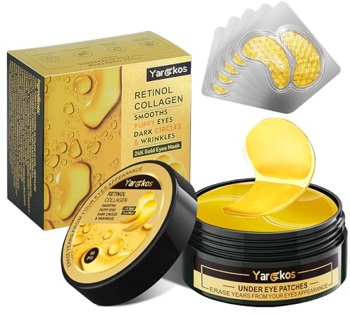60 toppe in oro 24 K sotto gli occhi con 5 mascherine da viaggio, 30 paia da donna, maschera undereye per occhiaie gonfie per il trattamento degli occhi, cuscinetti in gel idratanti per gonfiore e