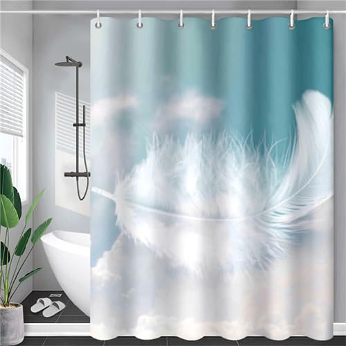 Syiboo Duschvorhang Weiße Feder 120x120cm Duschvorhäng Anti Schimmel,Wasserabweisend Stoff Duschrollo Waschbar,3D Draussen Bad Vorhang Schnell Trocknend,Badewanne Badezimmer Decor Vorhänge