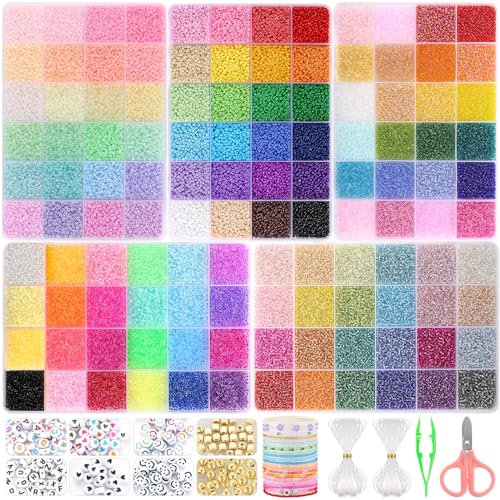 Funtopia Rocailles-Perlen aus Glas, rund, Kunststoff, für Schmuckherstellung, Bastelarbeiten, 120 Farben, 2 mm, 61000 Stück