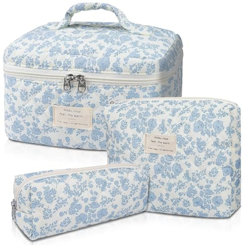 TIAASTAP 3-teiliges Reise Kosmetiktasche Damen Gesteppte Kulturtasche mit Blumenmuster, Kawaii Kulturbeutel Set Groß Kosmetiktasche Aesthetic Make up Bag Beauty Bag Cosmetic Bag für Kinder Mädchen