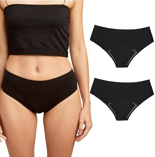 dais Perioden Unterwäsche 2er Set (Hipster) • Nahtlose Menstruationsunterwäsche • Periodenslip saugstark & waschbar • Auslaufsichere Unterhose Damen • Bio-Baumwolle (Schwarz, XXL)