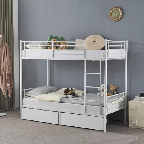 Karlhome Twin Over Twin Bunk Bed, Bunk Beds for Adults Kids Bunk Bed with 2 Drawers Double High Sleeper Bed with Ladder ＆ Guard Rails, Heavy Duty Metal BunkBeds for Teens - No Box Spring Needed, White