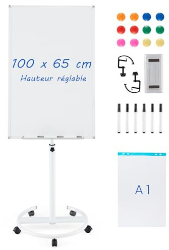 COSTWAY Tableau Blanc Effacable sur Pied, 100 x 65 cm, Tableau Blanc sur Pieds Hauteur Réglable 132-192 cm, Support Sur Roulettes, Cadre en Alu, Paper Board, pour École, Bureau