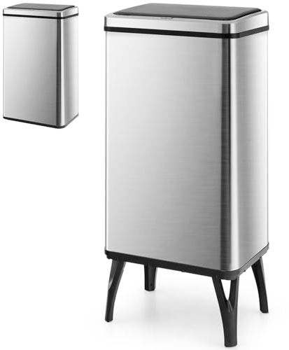 TANGZON 50L Automatic Sensor Kitchen Bin, Stainless Steel Touchless Infrared Motion Waste Bin with Soft Closure Lid & Detachable Legs, Home Office Fingerprint-Proof Smart Trash Can Dustbin (Silver)