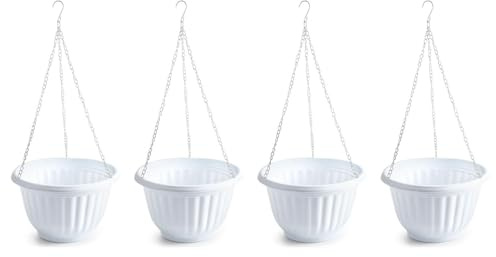 AC - Pack de 4 macetas Redondas Colgantes de plástico, Tiesto, macetero, Recipiente para Plantas, Flores, balcón, terraza, hogar, Fabricada en España (Blanco, 25 x 15 cm)