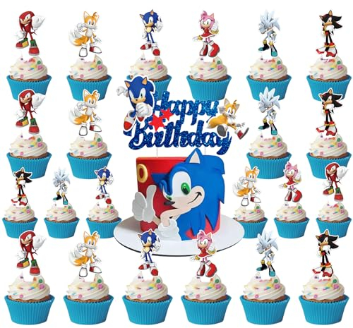 25 Stück Cartoon Cupcake Topper,Cake Topper Kinder,Geburtstag Kuchen Deko,Tortenaufsatz Blau Glitzernd,für Kinder Geburtstag Kuchendekoration(A)