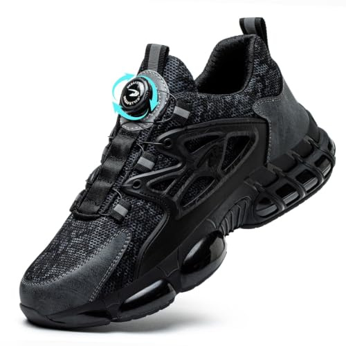 GemChve Chaussures de Sécurité Hommes Légère Respirantes Femme Basket Securite Embout en Acier Antidérapante Confortable Chaussures de Travail Black 42 EU