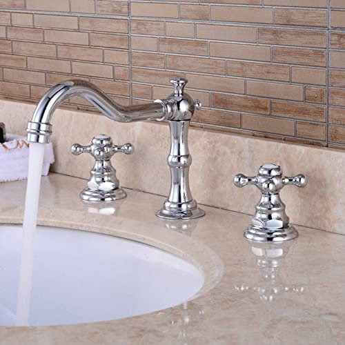 Wasserhahn Bad für Waschbecken Zweigriffmischer Chrom Mischbatterie Spültisch 3 Loch Waschtischarmatur Kreuzgriff Wasserhahn Bad Waschtischarmatur Vintage Armatur für Waschbecken