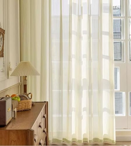 Vorhänge Beige 2er Set mit Haken 107x214CM, Gardinen für Schienensystem Einfarbig mit Gestreift Motiv Gardinenschals Polyester Halbtransparent für Wohnzimmer Schlafzimmer Küche