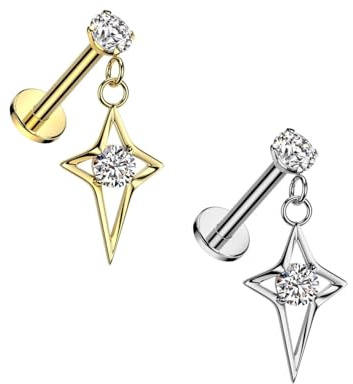 beyoutifulthings Lippen-Piercing Zirkonia Stern-Anhänger Gold Silber Piercing-s Lippe Stecker Chirurgenstahl Schraub-Verschluss Stab 8-mm lang 1,2-mm