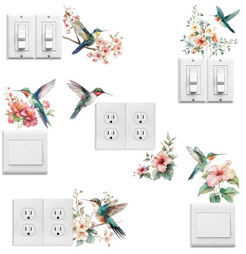 Peacoblue Etiquetas de Calcomanías para Placas de Interruptores de Luz 6Pcs 7x7 Colibrí y Flores para Decoración del Hogar, Divertidas Calcomanías para Interruptores de Pared Peel and Stick