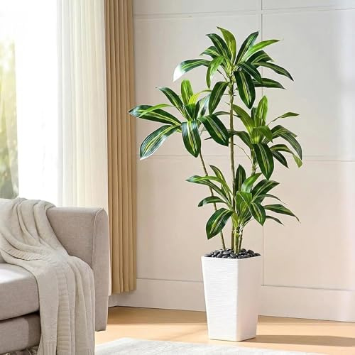 Artificial Plants Dracaena Indoor 5FT Fake Tree with White Tall Planter, Tall Fake Floor Plant in Pot, Artificial Silk Plant for Home Decor Office Living Room Porch Patio Housewarming(4 Trunks 150CM)