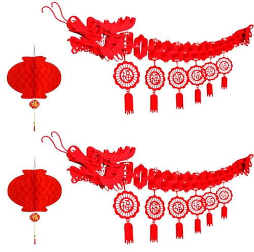 IRmm Dragon du Nouvel An chinois, 2 décorations de plafond 3D en forme de dragon du Nouvel An chinois et 2 lanternes chinoises pour décorations du Nouvel An chinois 2025