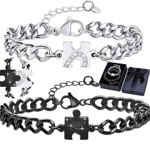 dcas 2 Stück Herz Partnerarmbänder, Partnerarmbänd, Diamant Pärchen Armband, Gravur Panzerkette Pärchen Armkette, Puzzle Pärchen Armband Verstellbare, Liebesgeschenke Pärchen Armband (Mit Geschenkbox)