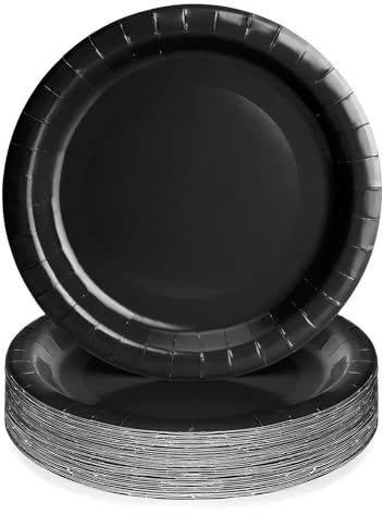 PARTY GO Assiettes jetables en carton de 22,9 cm, noir, 50 pièces, Vaisselle jetable en papier, Assiettes de dîner, Unie, Fête, Mariage, Anniversaire, Réception, Noire