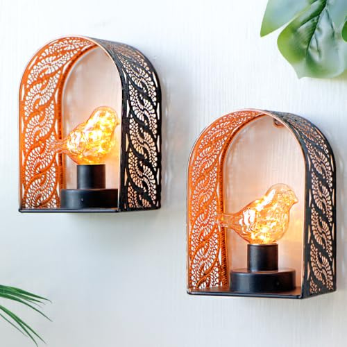 JHY DESIGN Set of 2 Bird Battery Operated Table Lamp Unique Cordless Sconces Lantern Metal Cage Wall Mount Lights with 6-Hour Timer for Home Living Room Bedroom Kitchen Hallway Stairway