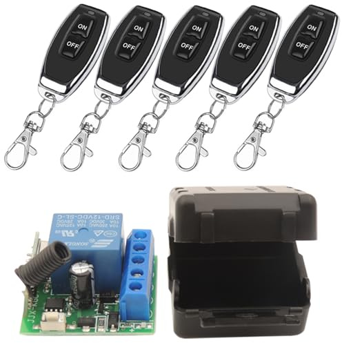 DieseRC Interruptor de Mando a Distancia Inalámbrico 433Mhz 12V Receptor de Relé de Control de Radio de 1 Canal con 5 Transmisores Controlador de Relé de Contactos sin Potencial