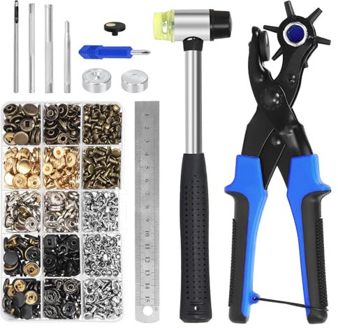 Mardatt 351PCS Revolving Punch Pliers Kit, Leather Hole Punch Pliers Grommet Punch Tool with Snap Fasteners & Double Cap Rivets, Ruler, Rubber Hammer, Setting Tools for Belts Watch Bands DIY
