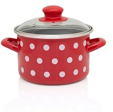 Metalac Kochtopf 16cm|1,5l, WEIßE PUNKTE, Emailliert, im Vintage Design