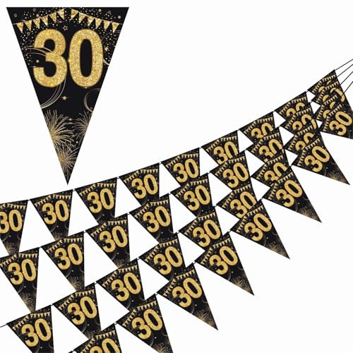 40Pcs Gold & Black Glitter 30th Birthday Bunting Flags - Triangle Party Banners for Men Women, Anniversary Decorations