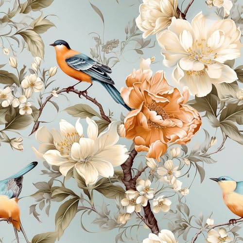 VEELIKE Tapete Blumen Vogel Blau Blumentapete Vintage Fototapete Blumen Blau Mustertapete Chinoiserie Tapete Vogel Selbstklebende Tapeten Wohnzimmer Muster Schlafzimmer Badezimmer 44.5 cm × 300 cm