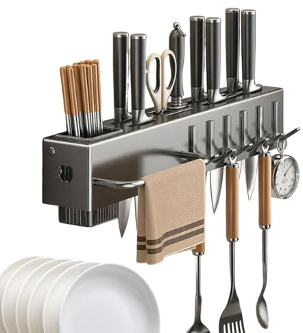 Generico Portautensili da Cucina - Organizzatore per Posate Credenza da Parete | Supporto Senza Fori con Ganci Porta Salviette per Accessori Cucina