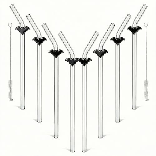 Borosilicate Glass Straws with Bat Charms – 9 Bent Cocktail Straws, 8mm Reusable Set for 16-20oz Tumblers (8pc + 2 Brushes) – BPA Free Eco Friendly Gift Box | Gothic for Women, Men & Everyday Use