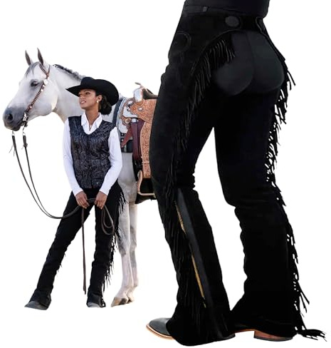 HOBBY HORSE Split Leather Classic Show Chaps – Black Western Riding Chaps with Fringe for Women & Men, Adjustable, Plus Sizes |Made in USA - Black - Small