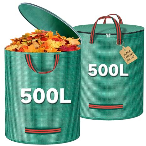 Bolsas de Basura de Jardín,Bolsas Recoge Hojas Jardin con Asas y Tapa, Sacos de Jardin Reutilizables y Estables,Gran Capacidad (500×2)