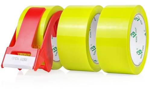 BOMEI PACK 3 Rolls Light Yellow Boxes Packing Tape 48mm x 66m Sticky Heavy Duty Moving Sealing Tape with 1 Dispenser