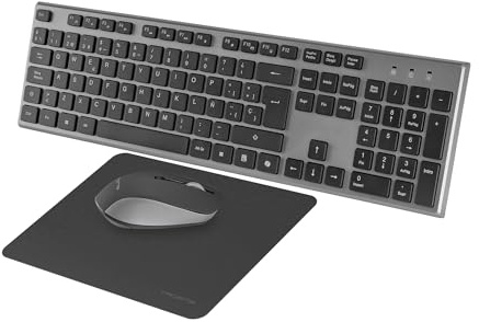 Tacens Zenith, Combo Inalámbrico 3en1 con Tecnología DualLink 2.4 GHz, Teclado Completo Full-Size con SmartKey Copilot AI, Ratón Óptico 3200 dpi, Alfombrilla Nanotextil, Idioma Portugués, Negro