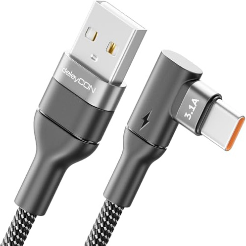 deleyCON 2m USB-C Kabel 90° USB-A auf USB-C Ladekabel Datenkabel | Gewinkelt für iPhone 17/16/15 Pro Max Air, Galaxy A16/A56/S26/S25/S24/S23, Pixel, AirPods, Notebook, PS5