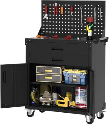 Werkzeugschrank,Werkstattwagen mobile Werkbank mit 2 Schubladen und Lochwand,Robuster Werkzeugschrank aus Metall mit Verstellbarem Einlegeboden für Garage, Lager und Werkstatt 80*40*90CM