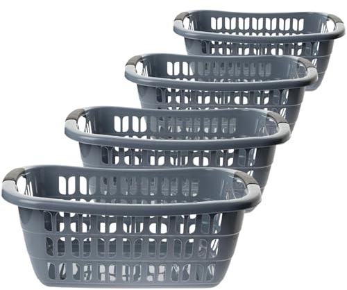 Livinja Wäschewanne 4er Set Groß 55x37x20 cm 30L Kunststoff Grau, Robuste ovale Wäschekörbe mit gepolsterten Griffen, Lüftungslöcher, Made in EU – Wäschekorb für Haushalt und Waschküche