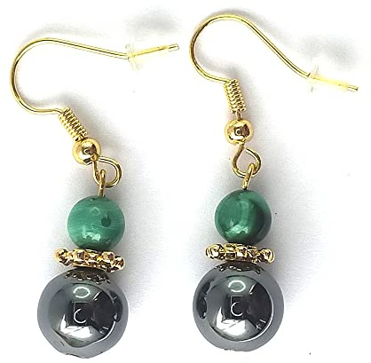 Paire de boucles d'oreilles pendantes, montage plaqué or 18 carats, en pierres véritables d'hématite et de couleurs au choix. Cadeau fabriqué en France (MALACHITE)