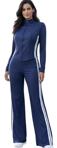 crazysyco Women's 2 Piece Tracksuit Set Zip Up Jacket & Flared Leg Track Pants (UK, Alpha, S, M, Regular, Regular, Navy)
