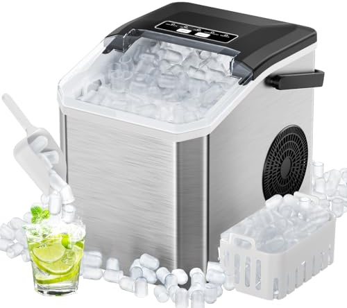 Máquina de Hielo 15kg/24h, 9 Cubitos en 6 Min, Máquina de Hielo Portátil con Asa y Autolimpieza, 2 Tamaños de Hielo de Bala, incl. Pala y Cesta para Cocina, Oficina, Camping, Fiesta (Negro/Acero)