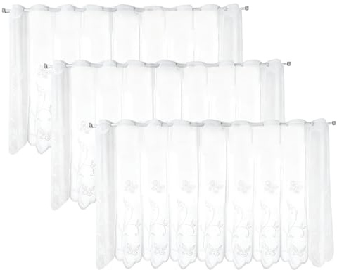 EVBOTGEE 3 Stück Scheibengardine, Bistrogardine 130 * 45CM, Weiß Halbtransparent, Besticke Kurzstores Blume, Kurzgardine für Wohnzimmer Schlafzimmer Flur