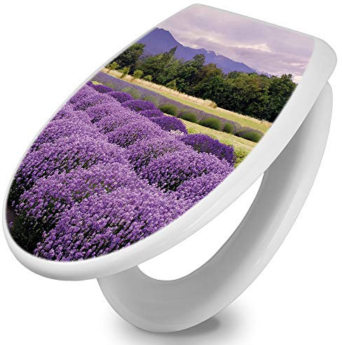 banjado Toilettendeckel mit Absenkautomatik 44,5x37cm / WC Brille Soft Close/hygienischer Toilettendeckel/Klodeckel Duroplast Edelstahl Scharniere einfache Montage/Motiv Lavendel 1