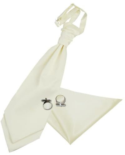 DQT Herren Einfarbig Satin Hochzeit Krawattenschal, Einstecktuch und Manschettenknöpfe Set - Elfenbein