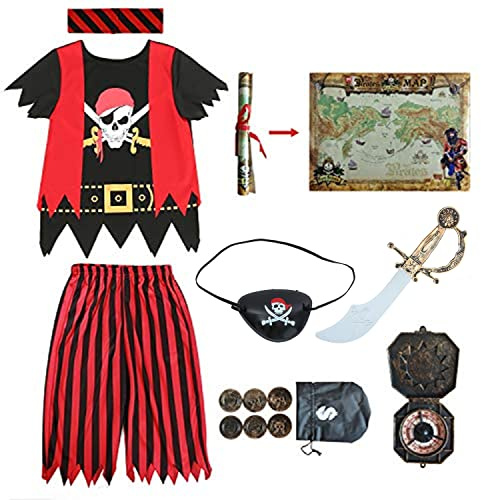 Sincere Party Piratdräkt för barn, Piratrollspelsdräkt komplett set 8 st för barn, storlek 3-4 år